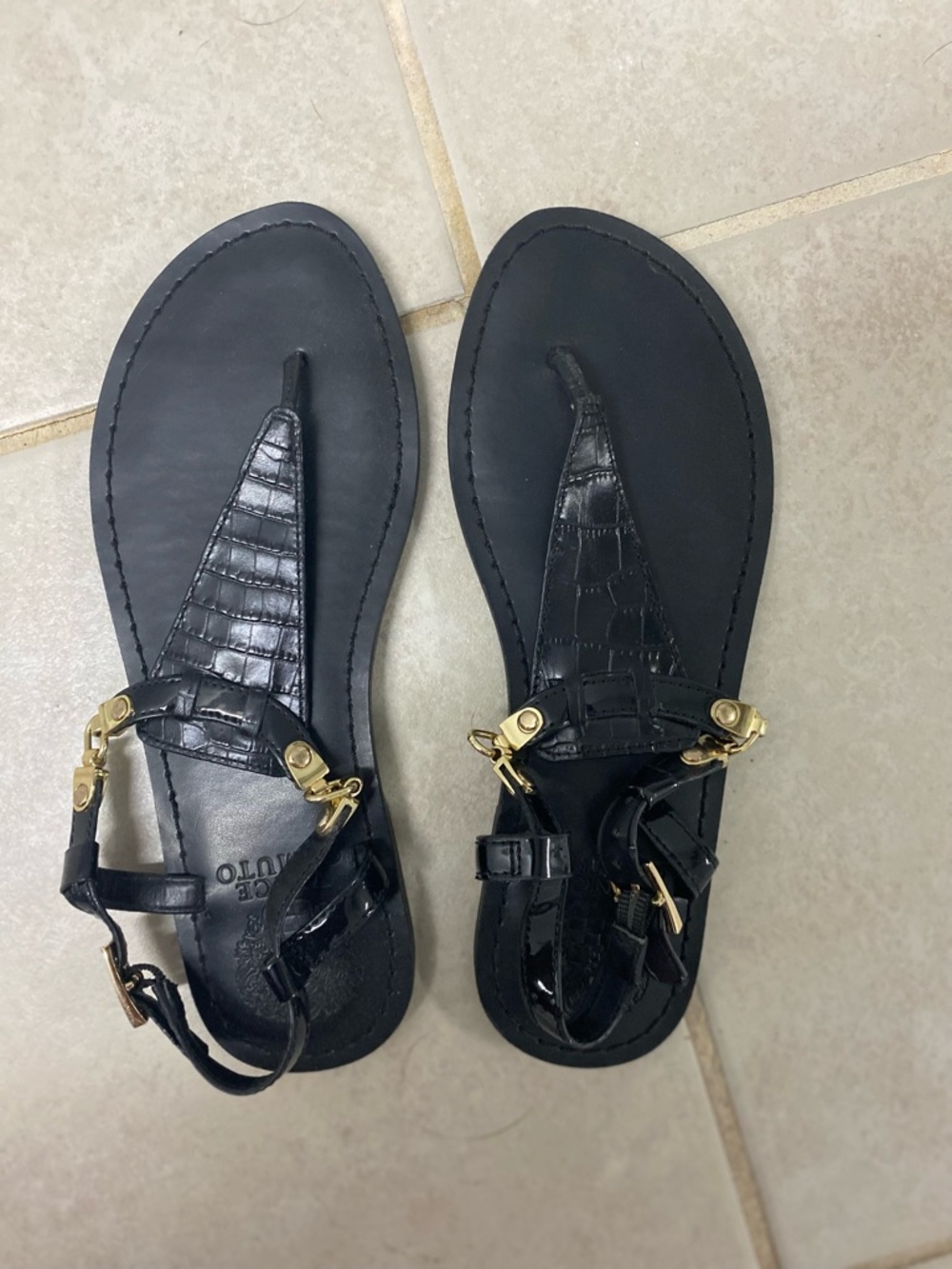 Vince Camuto Black T-Strap Croc-Embossed Sandals with Gold Accents